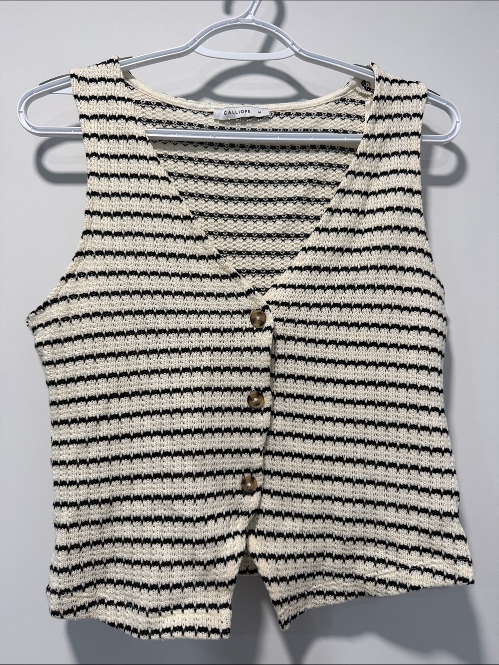 Black & Cream Striped Knit Button Front Tank